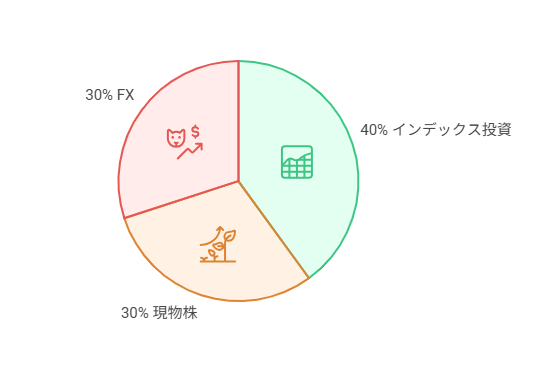 インデックス投資40％・現物株30％・FX30％で構成したポートフォリオの円グラフ