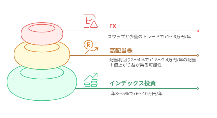 インデックス投資をいちばん下の土台、その上に高配当株、さらに上にFXを重ねた三層構造のイメージ図です。インデックス投資で年3〜5％（+6〜10万円/年）、高配当株で年3〜4％（+1.8〜2.4万円/年）、FXはスワップと少量のトレードで+1〜3万円/年といった目安のリターンを、役割分担とともに表しています。