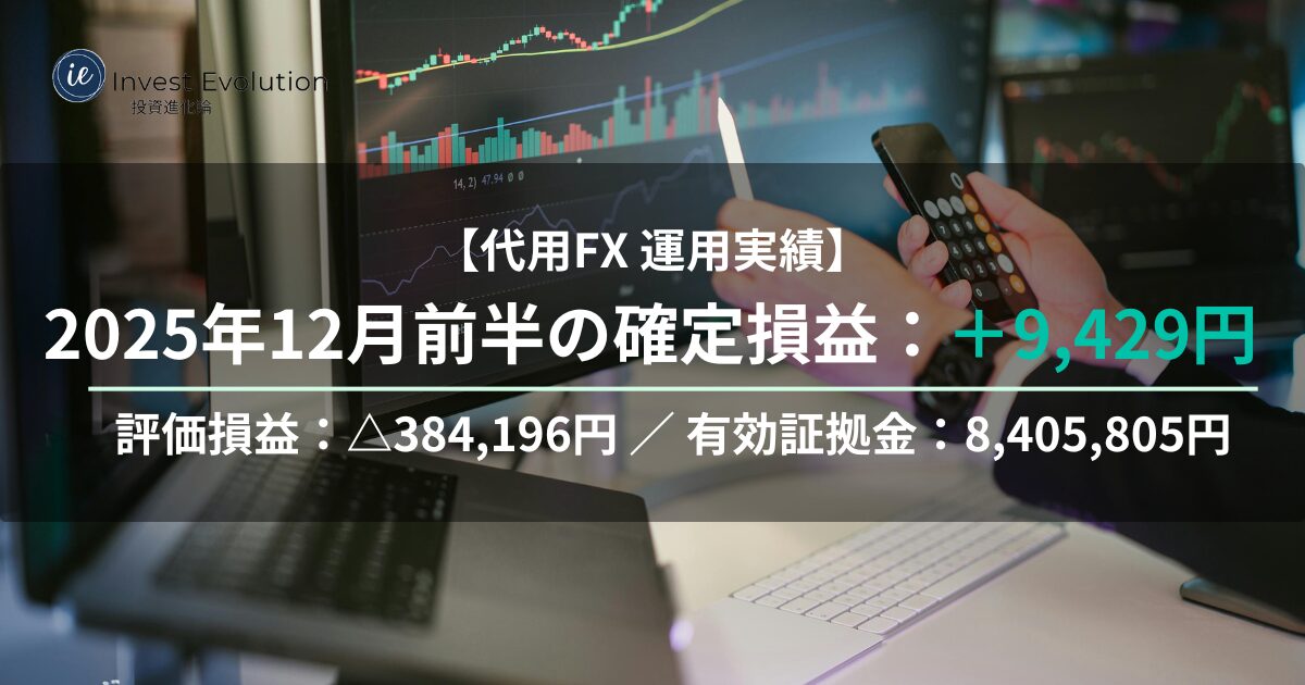 2025年12月前半の代用FX運用実績として、確定損益＋9,429円・評価損益▲384,196円・有効証拠金8,405,805円を表示したトレード画面イメージのアイキャッチ画像