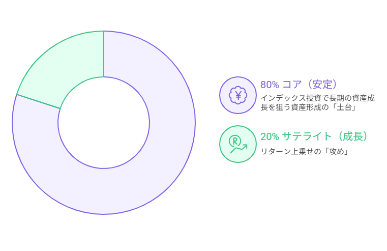 コア・サテライト戦略の資産配分例を示した円グラフ。資産の80%をコア(インデックス投資による安定運用)、20%をサテライト(成長を狙う投資)に配分する構成を視覚的に表している。