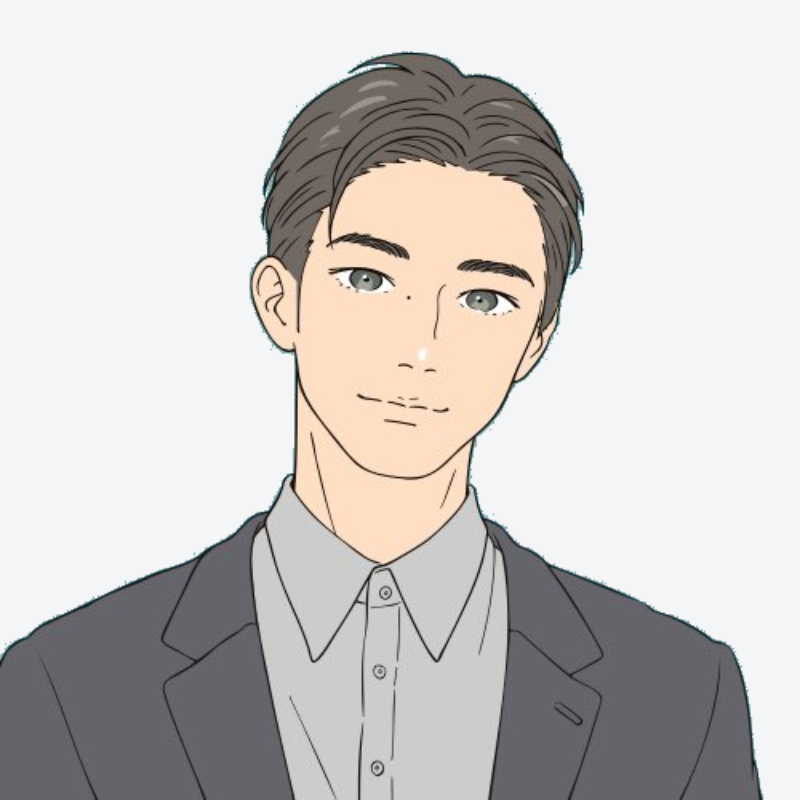 黒いジャケットを着た優しい表情の男性イラスト(当ブログの著者アイコン)