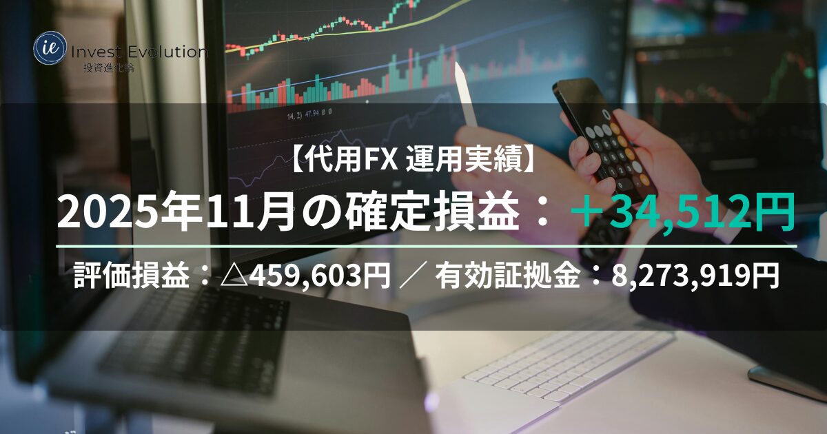 2025年11月の代用FX運用実績として、確定損益＋34,512円・評価損益▲459,603円・有効証拠金8,273,919円を表示したトレード画面イメージのアイキャッチ画像