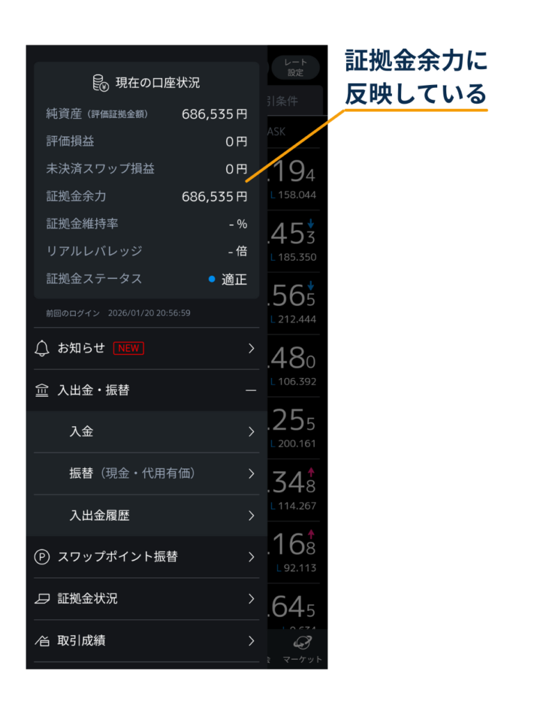 三菱UFJ eスマート証券のFXアプリのメニュー画面。現在の口座状況で「証拠金余力」に代用評価額が反映していることを確認する図。