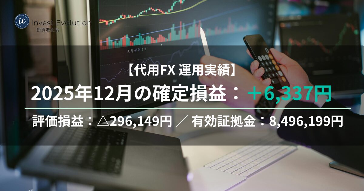 チャートを映すPC画面とスマホの取引イメージに、代用FXの運用実績として2025年12月の確定損益＋6,337円、評価損益▲296,149円、有効証拠金8,496,199円を表示