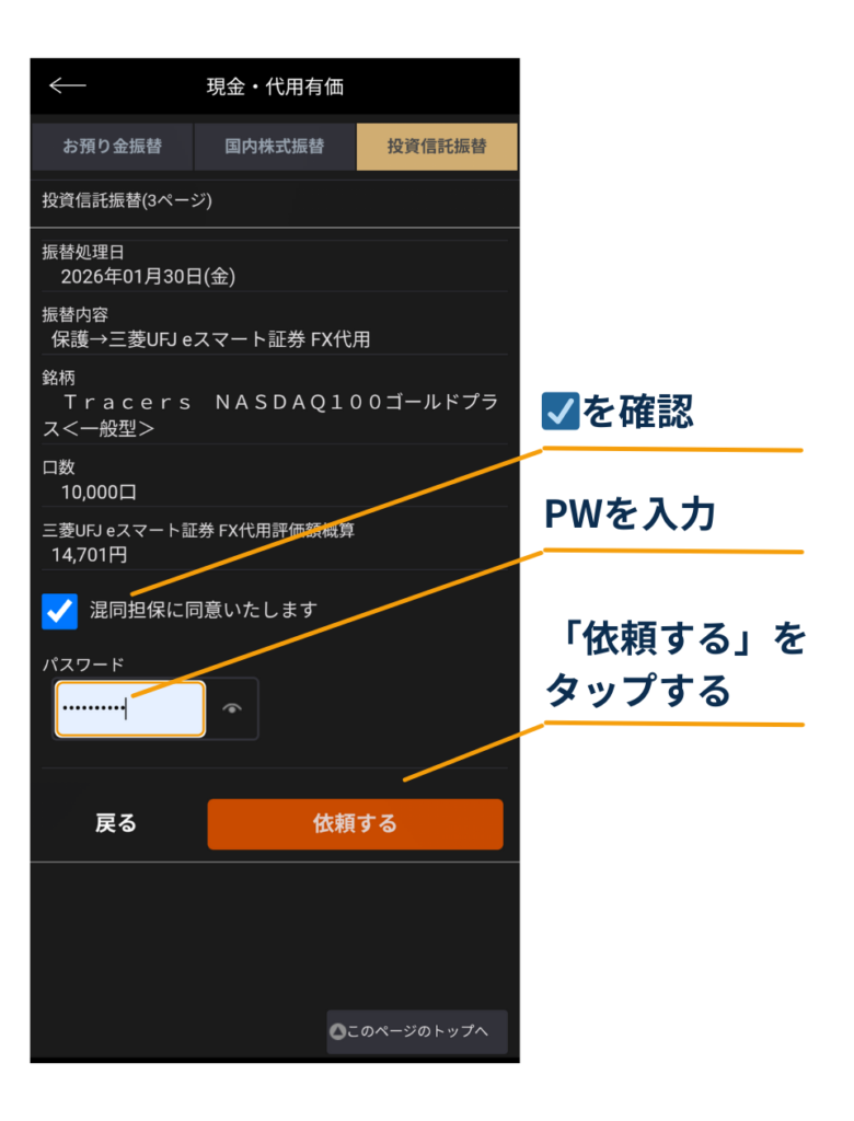 三菱UFJ eスマート証券FXアプリの「現金・代用有価＞投資信託振替（3ページ）」確認画面。内容を確認して同意チェックを入れ、取引パスワードを入力し、「依頼する」をタップする手順を示す図。