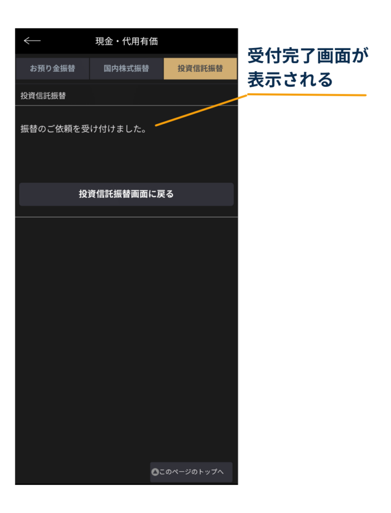 三菱UFJ eスマート証券FXアプリの「現金・代用有価＞投資信託振替」完了画面。「振替のご依頼を受け付けました」と表示され、受付完了を確認する図。