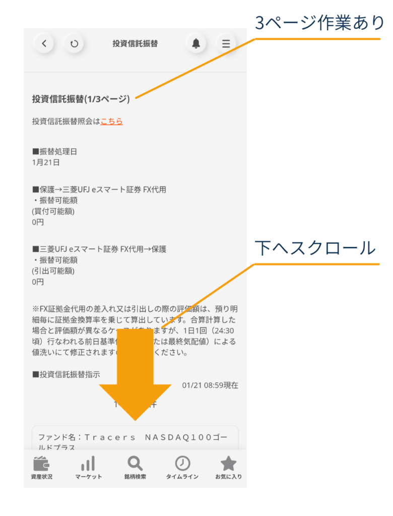三菱UFJ eスマート証券アプリの「投資信託振替（1/3ページ）」画面。3ページ作業であることを示し、下へスクロールして振替指示へ進む手順を案内する図。