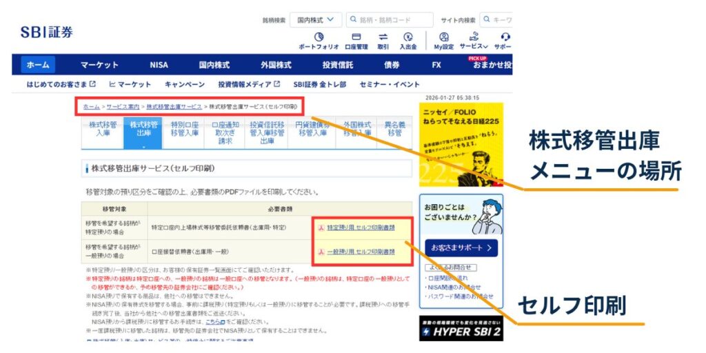 SBI証券サイトで「株式移管出庫サービス（セルフ印刷）」メニューの場所と、必要書類PDFのセルフ印刷ボタン位置を示した画面