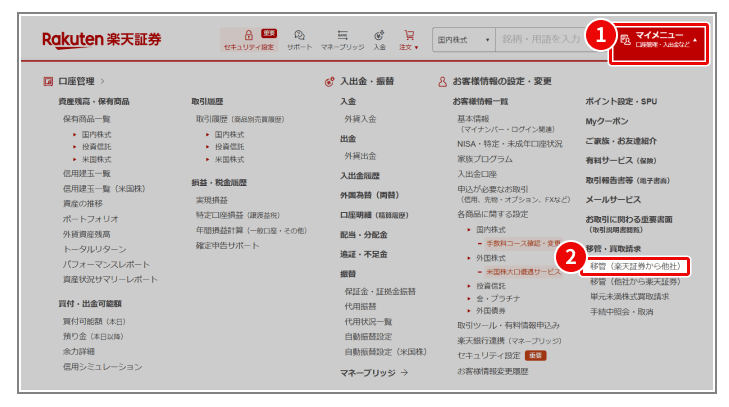楽天証券PCサイトのマイメニュー画面。右上の「マイメニュー」と「移管（楽天証券から他社）」の場所を示す。