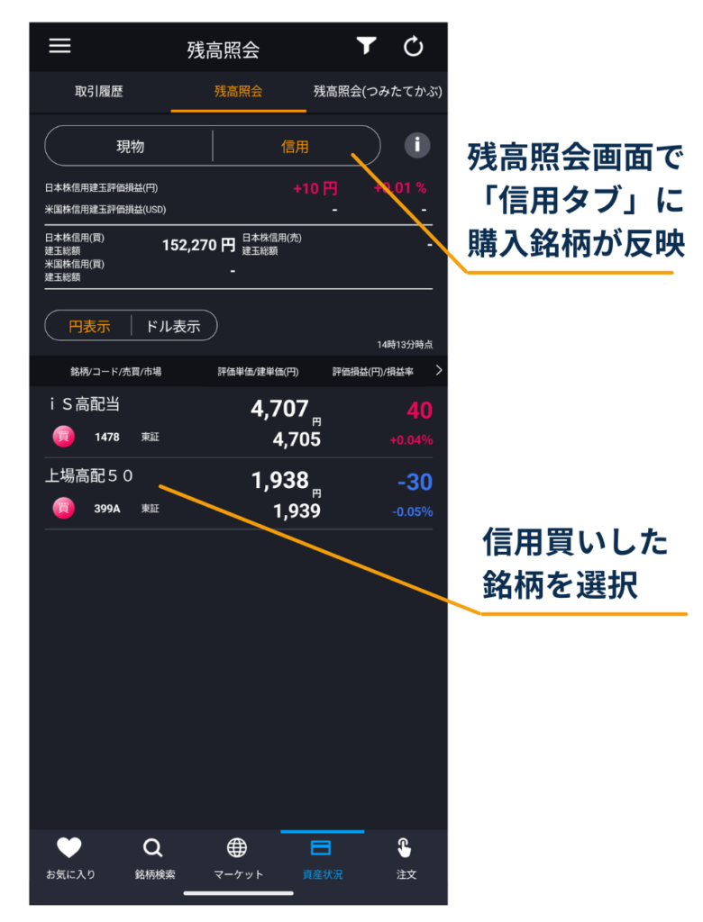 DMM株アプリの残高照会画面で「信用」タブを開き、反映された信用買い銘柄を選択する手順を示している