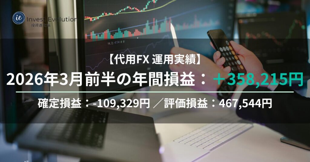 2026年3月前半時点の代用FX運用実績を示すアイキャッチ画像。トレードチャートを表示したPC画面とスマホ・電卓を手にした投資シーンを背景に、年間損益＋358,215円、確定損益▲109,329円、評価損益＋467,544円の状況を掲載。