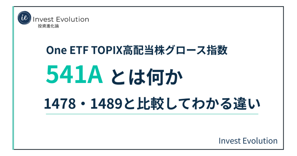 541Aをテーマにした記事のアイキャッチ画像。中央に「One ETF TOPIX高配当株グロース指数」「541Aとは何か」「1478・1489と比較してわかる違い」と表示されている。